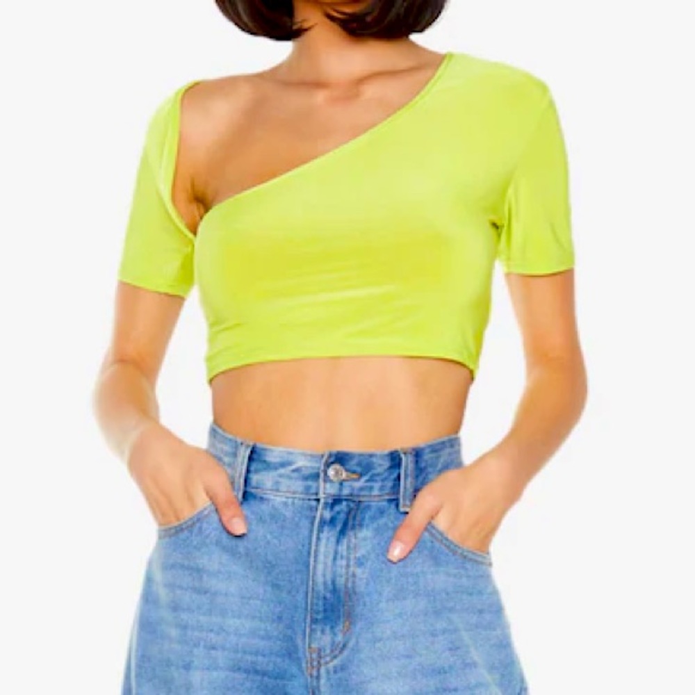 Green Slinky Asymmetric Short Sleeve Crop Top